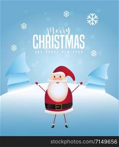 Merry Christmas and Happy New Year greeting card design with santa claus raising hands and snow cover tree on blue snowfall bokeh background.