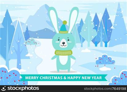Merry Christmas and happy new year, greeting card for winter holidays celebration. Rabbit wearing knitted scarf and hat standing in forest. Bunny and landscape with trees. Hare with long ears vector. Merry Christmas and Happy New Year Cute Rabbit