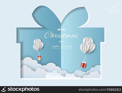 Merry Christmas and Happy new year greeting card,gift boxes flying in the air on paper cut background,vector illustration