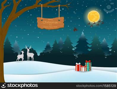 Merry Christmas and happy new year greeting card,night scene in the forest background with wooden sign and gift boxes for happy holiday,vector illustration