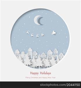 Merry Christmas and Happy New Year greeting card,Santa Claus coming to city on winter night,vector illustration
