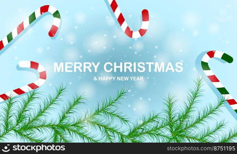 Merry Christmas and Happy new Year greeting card with christmas tree, pine , candy cane and falling snow