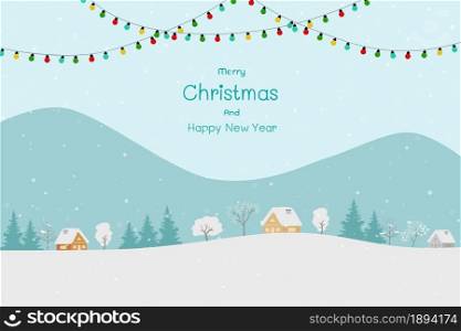Merry Christmas and Happy new year greeting card with cute countryside on winter concept,vector illustration
