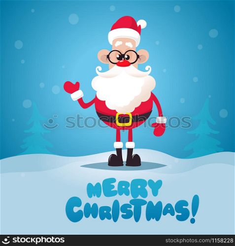 Merry Christmas and happy new year greeting card with cute Santa Claus. Holiday cartoon character vector.