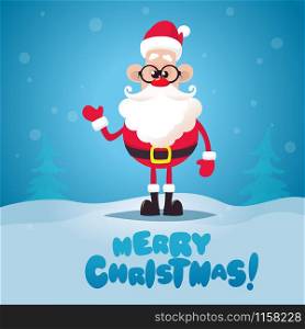 Merry Christmas and happy new year greeting card with cute Santa Claus. Holiday cartoon character vector.