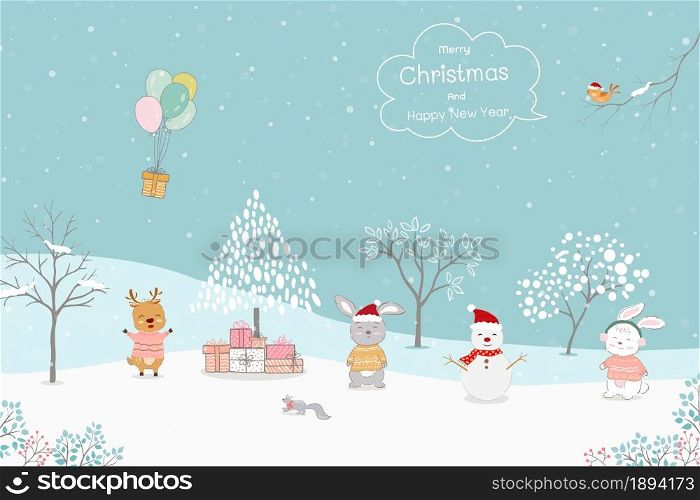 Merry Christmas and Happy new year greeting card with hand drawn cute animals send gift box by balloons on winter concept,vector illustration