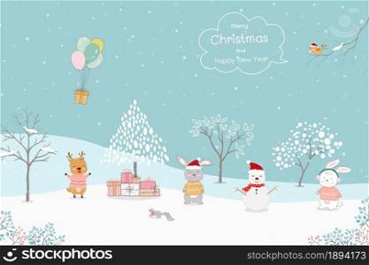 Merry Christmas and Happy new year greeting card with hand drawn cute animals send gift box by balloons on winter concept,vector illustration