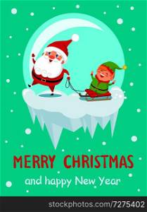 Merry Christmas and Happy New Year greeting card with Santa and Elf having fun together by riding on sleigh. Vector cartoon characters on icy cliffs. Merry Christmas and Happy New Year Greeting Cards