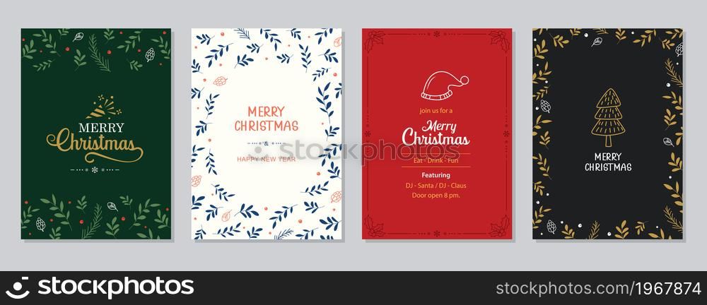 Merry Christmas and Happy New Year greeting cards and invitations. Happy holiday frames and backgrounds design.