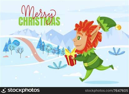 Merry christmas and happy new year, greeting postcard. Elf running across lawn with box in hands. Fairy character in green costume carry package with gift inside. Vector illustration in flat style. Merry Christmas Greeting Card, Elf Carry Gift