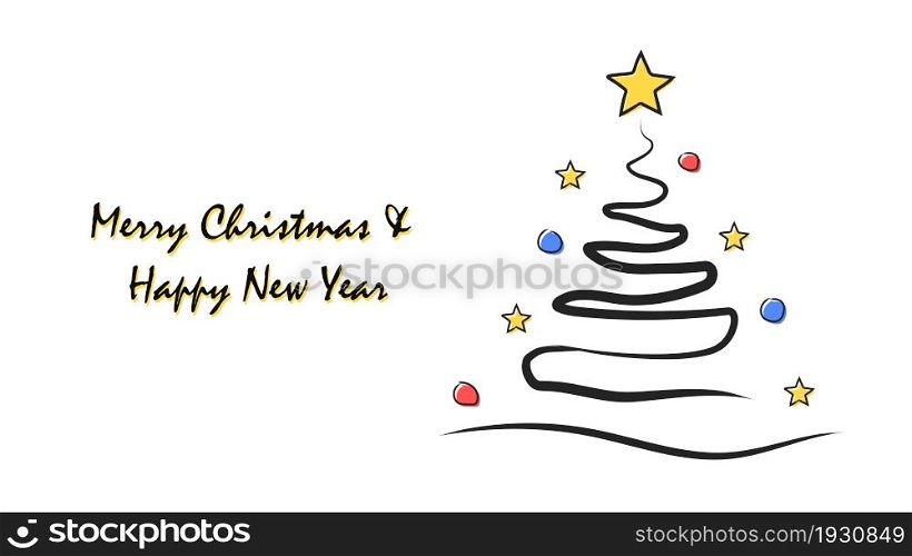 Merry Christmas and Happy New Year greetings. Greeting card with a Christmas tree. Doodle style. Vector illustration