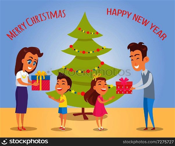Merry Christmas and happy New Year, happiness in childrens eyes because of presents and wintertime, tree and headline isolated on vector illustration. Merry Christmas and Happiness Vector Illustration