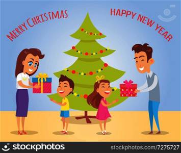 Merry Christmas and happy New Year, happiness in childrens eyes because of presents and wintertime, tree and headline isolated on vector illustration. Merry Christmas and Happiness Vector Illustration