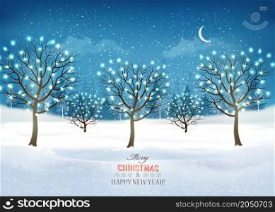 Merry Christmas and Happy New Year holiday background with evening landscape and winter trees with garland. Vector