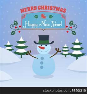 Merry christmas and happy new year holiday background with snowman and pine trees vector illustration