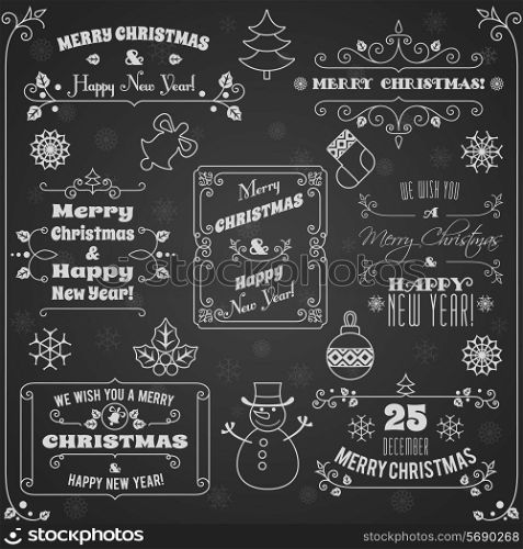 Merry christmas and happy new year holiday decoration chalkboard labels set vector illustration