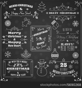 Merry christmas and happy new year holiday decoration chalkboard labels set vector illustration
