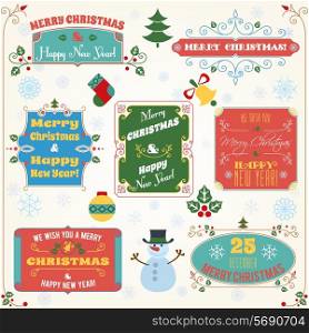 Merry christmas and happy new year holiday decoration colored labels with wishes set vector illustration