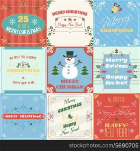 Merry christmas and happy new year holiday decoration greetings cards set isolated vector illustration