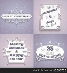 Merry christmas and happy new year holiday white label cards set isolated vector illustration