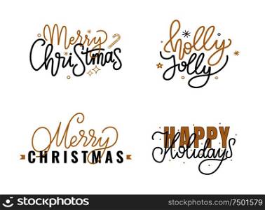Merry Christmas and Happy New Year Holidays, Holly Jolly quote, text for greeting cards design, lettering font, stars and snowflakes. Black and gold inscriptions. Merry Christmas Lettering Sign Greeting Text Candy