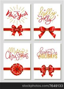 Merry christmas and happy new year, holly jolly caption. Set of four greeting cards tied with ribbons and bows. Holiday gift postcards with words of congratulations. Vector illustration in flat style. Gift Cards with Festive Red Ribbons and Bows
