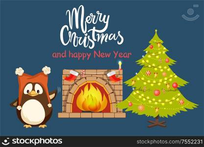 Merry Christmas and happy New Year home poster with greeting text vector. Celebration tree with baubles and toys, fireplace with socks decoration. Christmas and New Year Home, Penguin near Tree