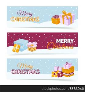 Merry christmas and happy new year horizontal banners set with holiday gift boxes isolated vector illustration