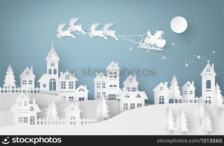Merry Christmas and Happy New Year. Illustration of Santa Claus on the sky coming to City ,paper art and craft style