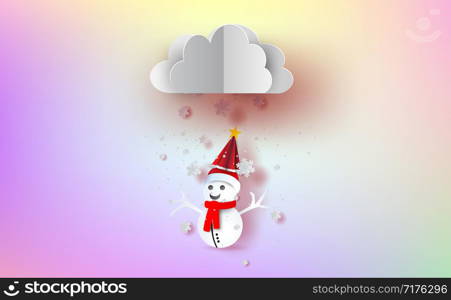 Merry Christmas and Happy new year in holiday.Graphic paper art and craft style. Snowman cute with Cloud in snowfall on Sweet pastel colors mesh gradient background.Winter season vector.illustration.