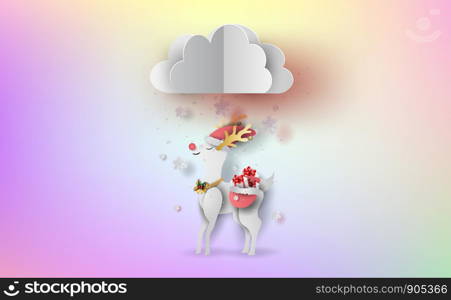 Merry Christmas and Happy new year in holiday.Graphic paper art and craft style.Reindeer cute with Cloud in snowfall on Sweet pastel colorful gradient background.Winter season vector.illustration.