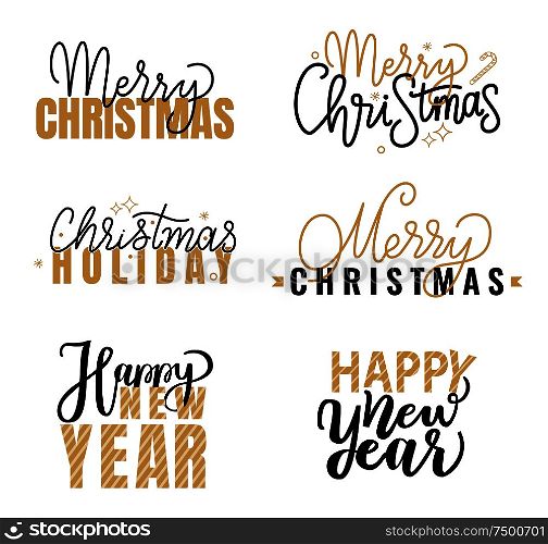 Merry Christmas and Happy New Year inscription, lettering sign, winter holidays wishes. Typography doodle text, calligraphic written in black and gold. Merry Christmas and Happy New Year Inscription