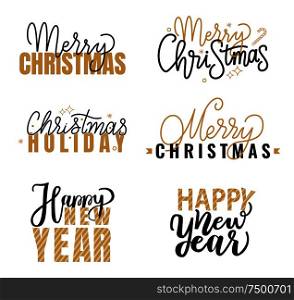 Merry Christmas and Happy New Year inscription, lettering sign, winter holidays wishes. Typography doodle text, calligraphic written in black and gold. Merry Christmas and Happy New Year Inscription