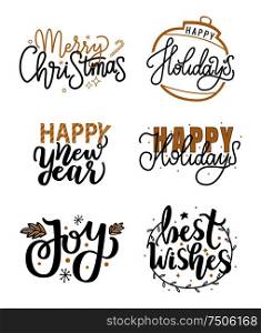Merry Christmas and Happy New Year inscription, lettering sign, winter holidays wishes. Typography doodle text, calligraphic written in black and gold on white. Merry Christmas and Happy New Year Inscription