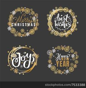 Merry Christmas and Happy New Year, Joys and best wishes holidays greeting cards, lettering font, doodles in wreath of snowflakes, celebration postcards. Merry Christmas and Happy New Year, Joys Wishes