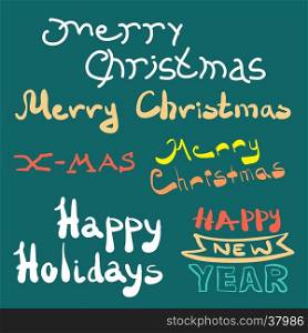 Merry christmas and happy new year lettering design set. Flat cartoon vector