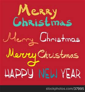 Merry christmas and happy new year lettering design set. Flat cartoon vector