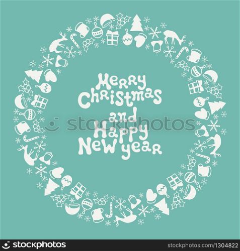 Merry Christmas and Happy New Year lettering greeting card 2017. Christmas season hand drawn pattern. Vector illustration. Doodle style. Decorations. Holiday backgrounds for design. Frame. Merry Christmas and Happy New Year lettering greeting card 2017. Christmas season hand drawn pattern. Vector illustration. Doodle style. Decorations. Winter holiday backgrounds for design. Frame