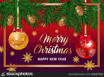 Merry Christmas and Happy New Year lettering in frame with fir sprigs, cones, baubles and snowflakes. Calligraphic inscription can be used for greeting card, festive design, posters, banners.