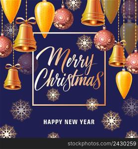 Merry Christmas and happy New Year lettering. Inscription in frame with hanging Christmas balls, bells and cones. Handwritten inscription can be used for postcards, banners, posters.