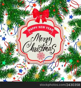 Merry Christmas and happy New Year lettering. Inscriptions on hanging tag with fir sprigs, bow, streamer and confetti. Handwritten inscription can be used for postcards, festive design, posters