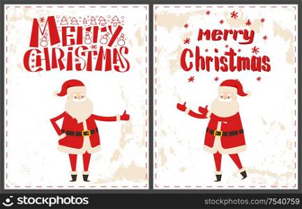Merry Christmas and happy New Year lettering inscriptions with pine tree and snowflakes icons, isolated vector cards. Bearded old man Santa Claus greetings. Merry Christmas, Happy New Year Lettering Wishes