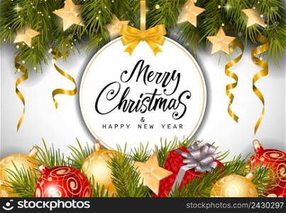 Merry Christmas and happy New Year lettering on bauble-shaped tag with fir sprigs, baubles and present box. Calligraphic inscription can be used for greeting cards, festive design, posters, banners.