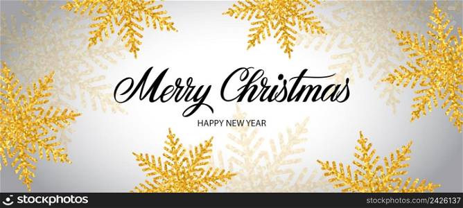 Merry Christmas and happy New Year lettering. Panoramic background with glitter golden snowflakes. Handwritten text, calligraphy. Can be used for greeting cards, posters and leaflets