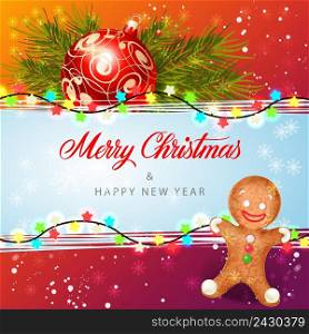 Merry Christmas and happy New Year lettering with ball, fir sprigs, lights and gingerbread man. Calligraphic inscription can be used for greeting cards, festive design, posters, banners.