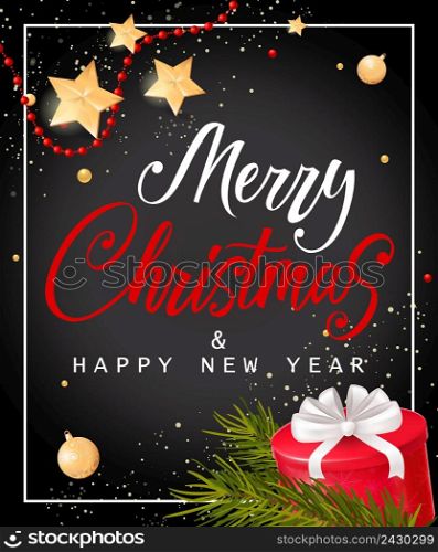 Merry Christmas and Happy New Year lettering with baubles and present box on black background. Inscription can be used for postcards, festive design, posters, banners