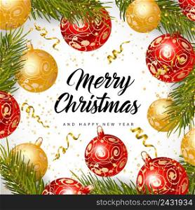 Merry Christmas and happy New Year lettering with baubles, fir sprigs and gold streamer on silver background. Calligraphic inscription can be used for greeting cards, festive design, posters, banners.