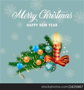 Merry Christmas and Happy New Year lettering with fir branch, baubles and candle. Celebration, festival, congratulation. Holiday concept. Can be used for greeting cards, postcards, brochure