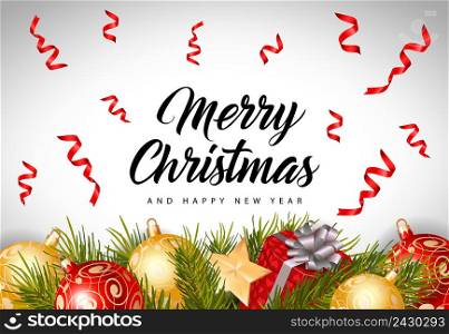 Merry Christmas and happy New Year lettering with fir sprigs, baubles, present boxes and streamer. Calligraphic inscription can be used for greeting cards, festive design, posters, banners.. Christmas and New Year Inscription