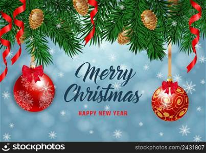 Merry Christmas and Happy New Year lettering with fir sprigs, cones, snowflakes and hanging balls. Calligraphic inscription can be used for greeting card, festive design, posters, banners